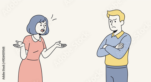 An illustration showing a woman arguing with her hands up and a man with his arms crossed, depicting conflict, frustration, and relationship problems with simple line art.