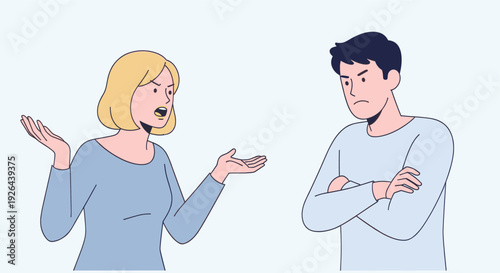An illustration of a blonde woman arguing, gesturing emphatically towards a man with crossed arms, suggesting relationship conflict, anger, communication problems, and disagreements.