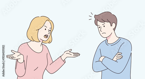 A vector illustration shows a woman angrily gesturing towards a man with crossed arms, depicting a couple in conflict during an argument, showcasing relationship problems.
