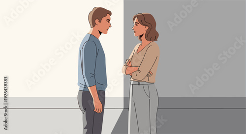 Digitally illustrated couple facing each other with arms crossed in a neutral background, suggesting conflict, discussion, or disagreement between partners.