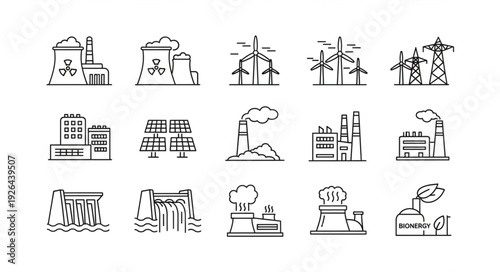 Collection of various energy production and power plant icons in a row.