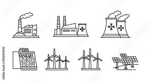 Various energy production facilities, including renewable and non-renewable sources, illustrated in a line art style.