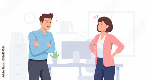 Illustration of an angry female boss confronting a concerned male employee in a minimalist office setting, conveying workplace conflict, stress, and communication issues.
