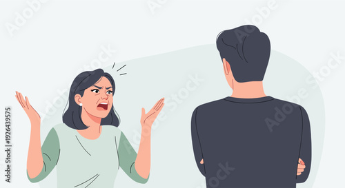 An angry woman gesturing wildly argues with a man with his back turned in a vector illustration depicting relationship conflict, marital problems, or domestic dispute.