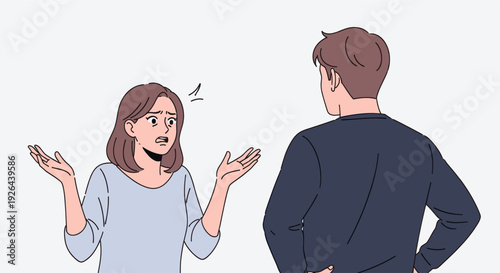An illustration of a woman gesturing with both hands in disagreement with a man whose back is to the viewer, depicting a marital argument or conflict in a minimalist style.