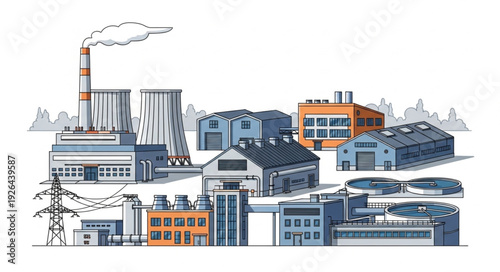Industrial complex illustration depicting various factory buildings and structures.