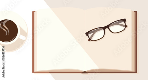 Top-down vector graphic illustration showing an open book with glasses and a cup of coffee, showcasing relaxation and study. The image has a calming, neutral tone, useful for blogs and advertisements.