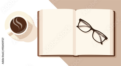 Minimalist flat lay illustration of an open book with reading glasses and a steaming cup of coffee, conveying a calm and relaxing atmosphere, ideal for study or leisure-themed designs.