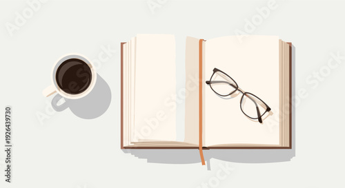 Illustration of an open book, glasses, and cup of coffee on a light desk, creating a cozy and intellectual atmosphere suitable for education, work, or relaxation themes.