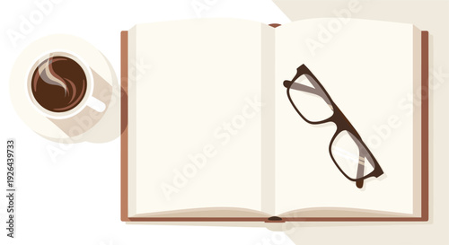 Illustration of an open book with glasses and coffee. The style is flat design and clean, perfect for blogs or commercial use.