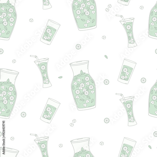Seamless Pattern with Fresh Lime and Mint Summer Green Drinks in Glass Carafes on White Background. Refreshing Lemonade Minimalist Square template. Vector Illustration