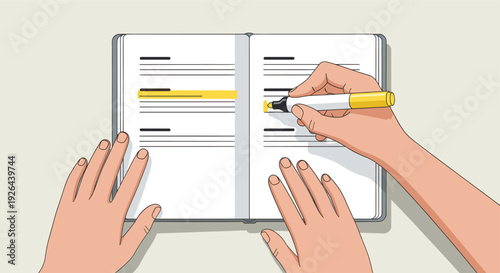 Close-up illustration of hands using a yellow marker to highlight text in an open notebook, conveying studying, planning, or organizing information with visual emphasis.