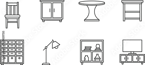 Furniture Line Icon Set Featuring Chair Cabinet Round Table Nightstand Chest of Drawers Floor Lamp Bookshelf and TV Stand for Interior Home Design