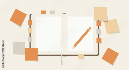 Top-down studio shot of an open notebook, pencil, and scattered sticky notes in shades of brown and cream, creating a calm and organized aesthetic perfect for planning.