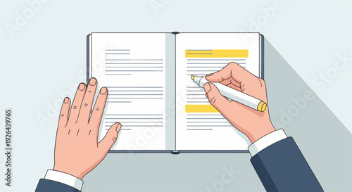 Illustration showing a person highlighting text in a book with a yellow marker, emphasizing key information for study or review, in a top-down flat lay view.
