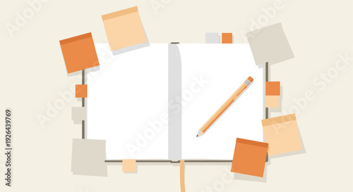 Overhead flat lay of an open notebook, pencil, and sticky notes on a beige background. Perfect for creative projects, organization, brainstorming, or journaling themes.