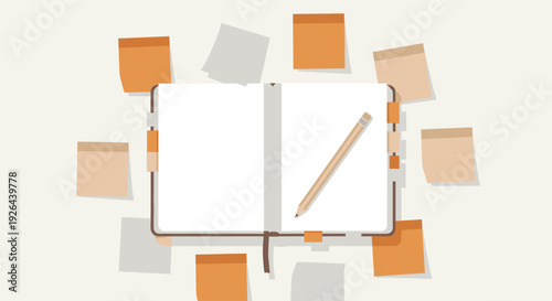 An illustration of an open notebook with a pencil and orange sticky notes surrounding it, creating a clean, organized workspace, suitable for planning, note-taking concepts.