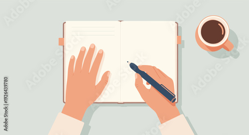 Flat lay illustration of hands writing in an open notebook, accompanied by a cup of coffee, conveying productivity and focus in a workspace setting.