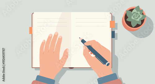 Top-down view of hands writing in an open notebook with a pen. A succulent in a pot sits nearby, conveying a calm, creative workspace.