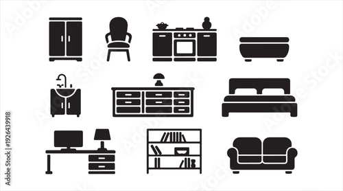 Home interior furniture symbol collection with wardrobe sofa bed desk and storage units isolated on white