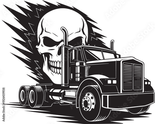 Black and white illustration of truck with skull on side  aggressive road transport