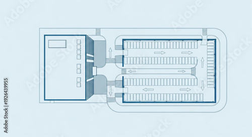 Top-down view of a complex data center with server racks and cooling systems.