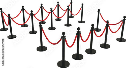 Black Stanchions with Red Velvet Ropes Arranged in a VIP Queue Line for Luxury Event Entrance Crowd Control and Red Carpet Gala Access