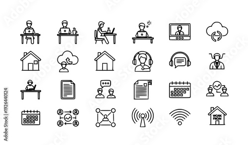 Working From Home Monochrome Line Icons Set with Remote Work and Home Office Symbols Vector