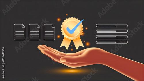 Hand holding a golden award ribbon with a blue checkmark, symbolizing approval and excellence in a professional setting, viewed from a straightforward perspective, file reference 36.jpg