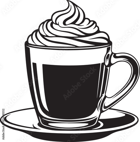 Black and white of a cup of coffee with whipped cream