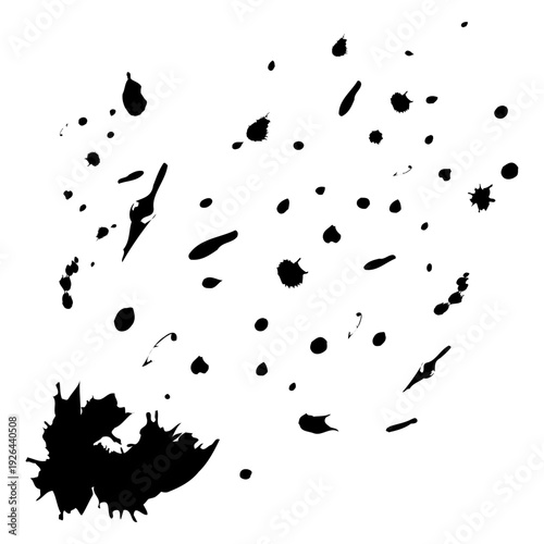 A black brushstroke with splatter. A rough brushstroke with chaotic drops and a jagged texture. Adding dynamism and artistic flair to creative projects.