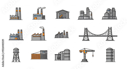 Industrial and urban landscape illustrations featuring factories, bridges, and buildings.