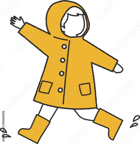 黄色いレインコートを着てスキップする子供の手描き風線画イラスト
