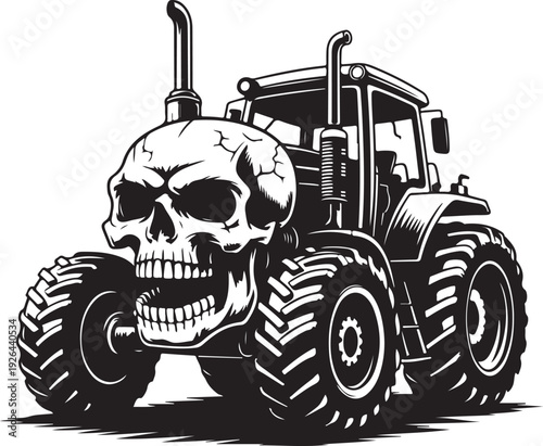 Black and white illustration of a skull on a tractor  aggressive farm vehicle