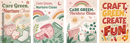 Colorful, playful illustrations promoting eco-friendly living and creativity.
