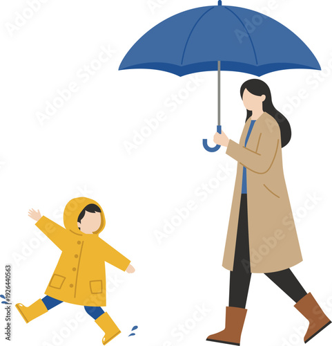雨の日を親子で楽しく散歩するレインコートの子供とお母さんのイラスト素材