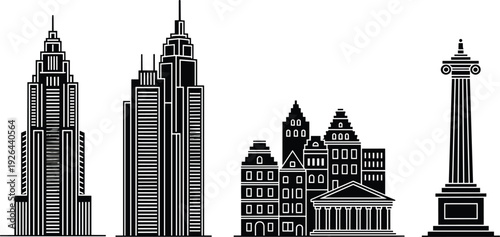 Black and white vector illustration set of urban city landmarks featuring modern skyscrapers historic European buildings a neoclassical temple and a memorial column