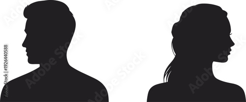 Silhouette profiles of man and woman facing opposite directions, black human figures, gender contrast, symbolic representation, identity concept, design illustration