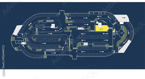 Detailed blueprint of a complex structure with various compartments and pathways.