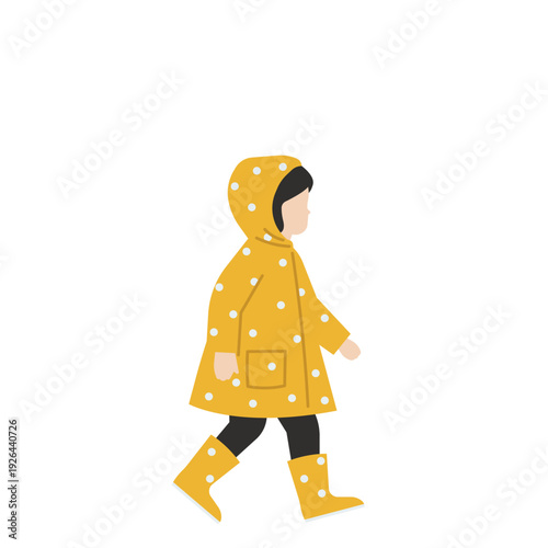 黄色いドット柄のレインウェアを着て歩く可愛い幼児のフラットデザインイラスト