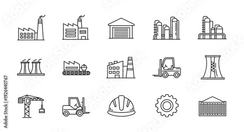 Collection of industrial and manufacturing icons representing various aspects of production and construction.