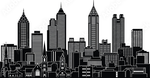 Atlanta Georgia City Skyline Silhouette Black and White Vector Illustration Isolated on White Background with Iconic Landmarks Skyscrapers Downtown Urban Buildings Graphic Design