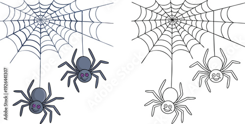Spider and Bats Illustration and outline set isolated on transparent background