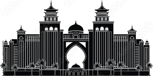 Detailed black silhouette illustration of Atlantis The Palm hotel in Dubai UAE with iconic Arabian arch architecture palm trees and luxury resort skyline