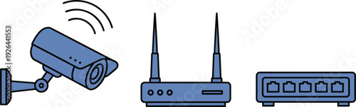 Wireless Security Camera System with Dual Antenna WiFi Router and Multi Port Ethernet Network Switch for Smart Home Surveillance and Internet Connectivity Flat Vector Illustration