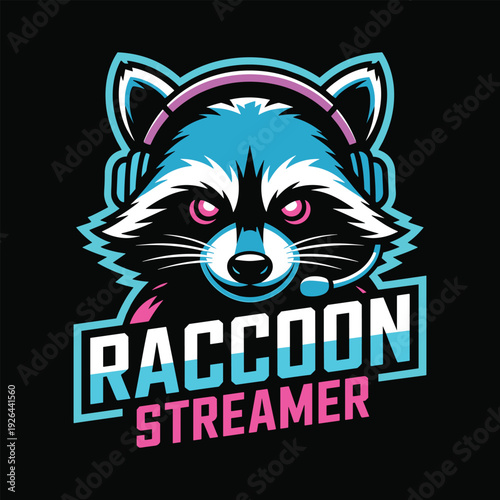 A colorful raccoon wearing headphones and a modern design logo for a streamer