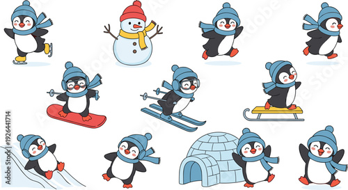 Cute Winter Penguin Character Set with Snowman and Igloo for Christmas Holiday Illustrations Children's Book Graphics and Seasonal Winter Sports Clip Art