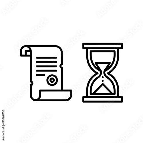 Minimalist history icon, ancient scroll and quill pen, vector graphic