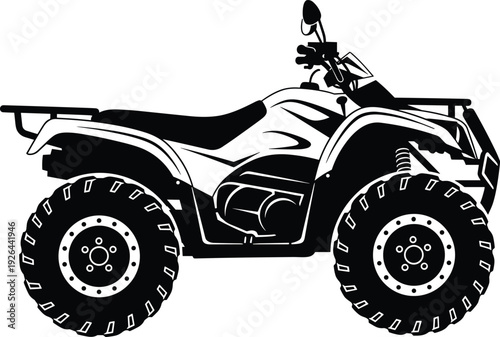 Black and white ATV quad bike illustration, detailed off road vehicle vector silhouette isolated on light background