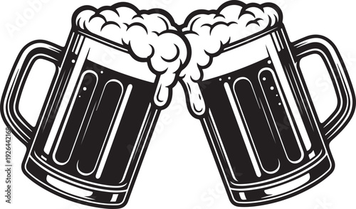 Two beer mugs clinking together with foam black and white